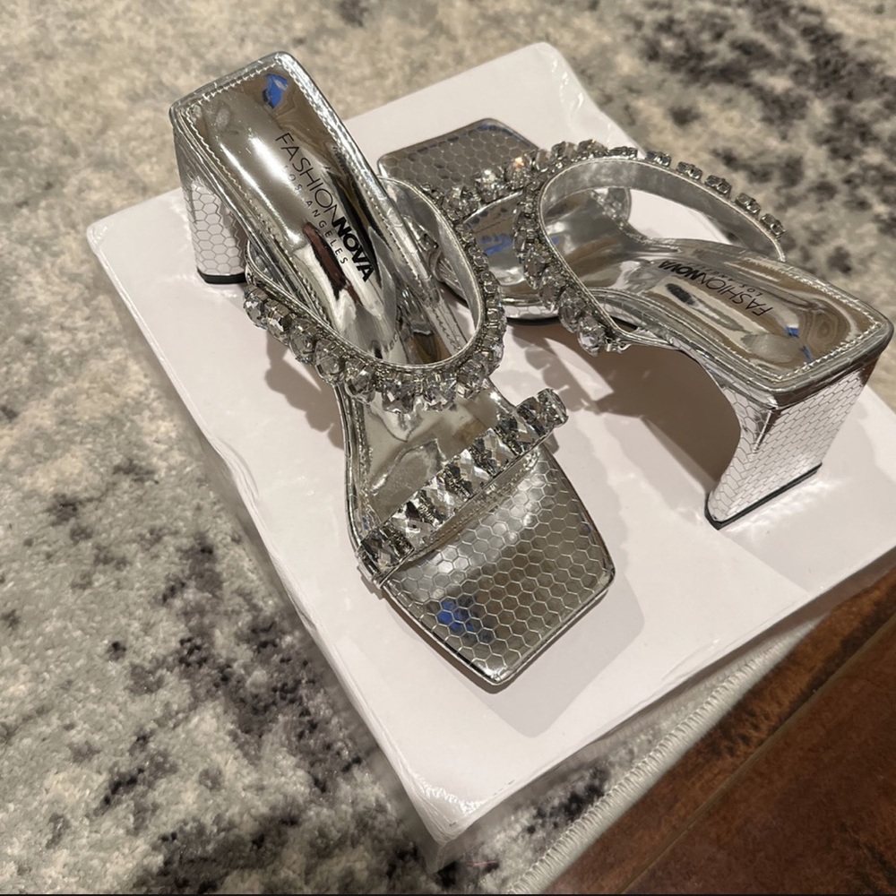 Fashion Nova Bedazzled Silver Low Heels